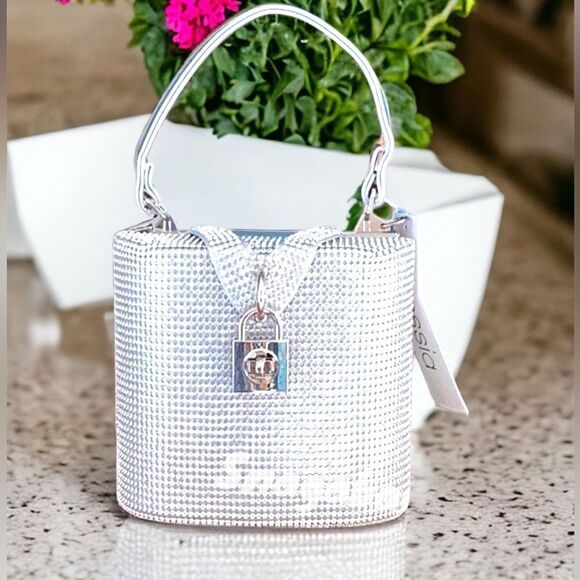 ALESSIA NWT TOP HANDLE SATCHEL CROSSBODY BAG SILVER SHINY RHINESTONE BLING PARTY - Picture 1 of 6
